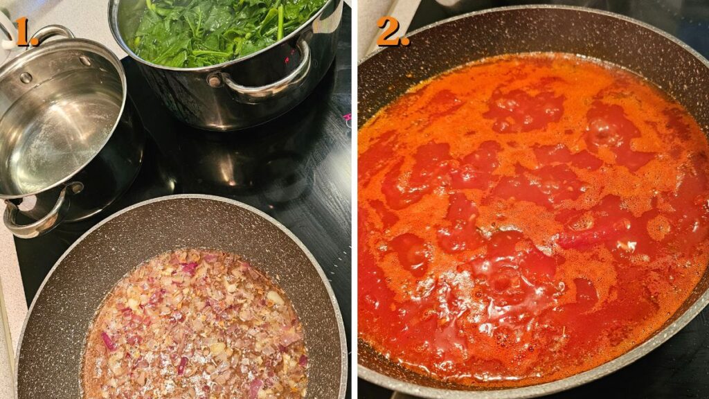 kuhanje umaka od rajčice za cannellone sa špinatom i ricottom